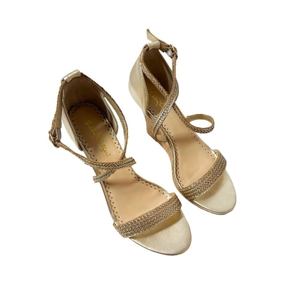 Lilly Pulitzer Shoes - LILLY PULITZER Maddie Gold Braided Leather Cork Platform Heels Sz 7.5